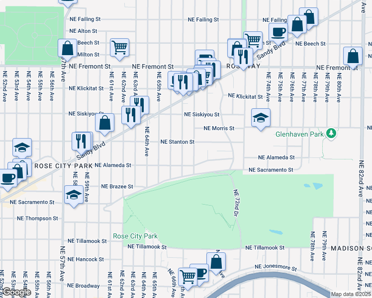map of restaurants, bars, coffee shops, grocery stores, and more near 2805 Northeast 68th Avenue in Portland