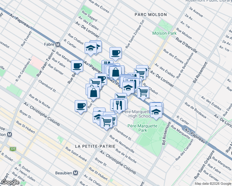map of restaurants, bars, coffee shops, grocery stores, and more near 6588 Rue Marquette in Montréal