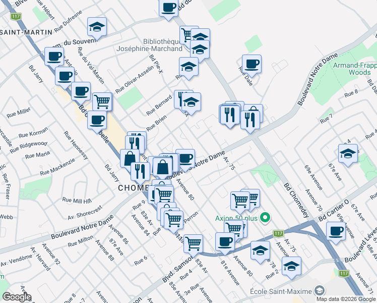 map of restaurants, bars, coffee shops, grocery stores, and more near 913 Rue Wilfrid-Laurier in Laval