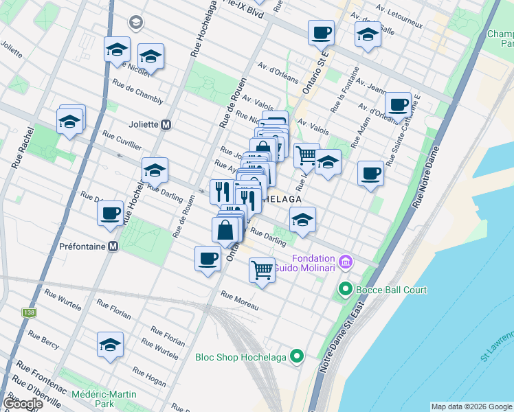 map of restaurants, bars, coffee shops, grocery stores, and more near 3424 Ontario Street East in Montreal