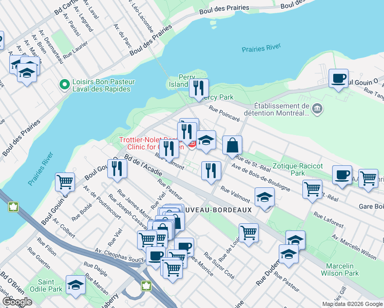map of restaurants, bars, coffee shops, grocery stores, and more near 1558 Rue Viel in Montrã©Al