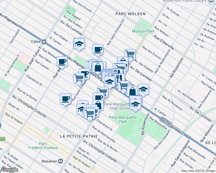 map of restaurants, bars, coffee shops, grocery stores, and more near 6536 Avenue Papineau in Montréal