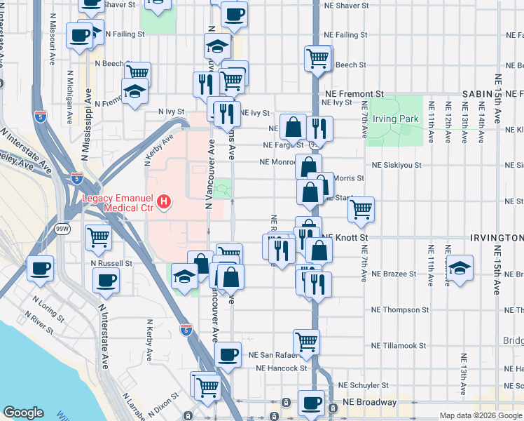 map of restaurants, bars, coffee shops, grocery stores, and more near 71 Northeast Graham Street in Portland