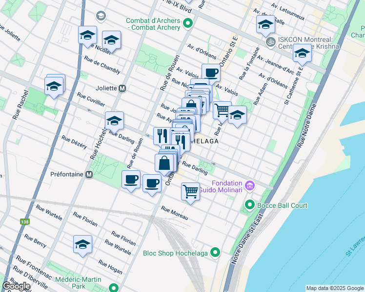 map of restaurants, bars, coffee shops, grocery stores, and more near in Montreal