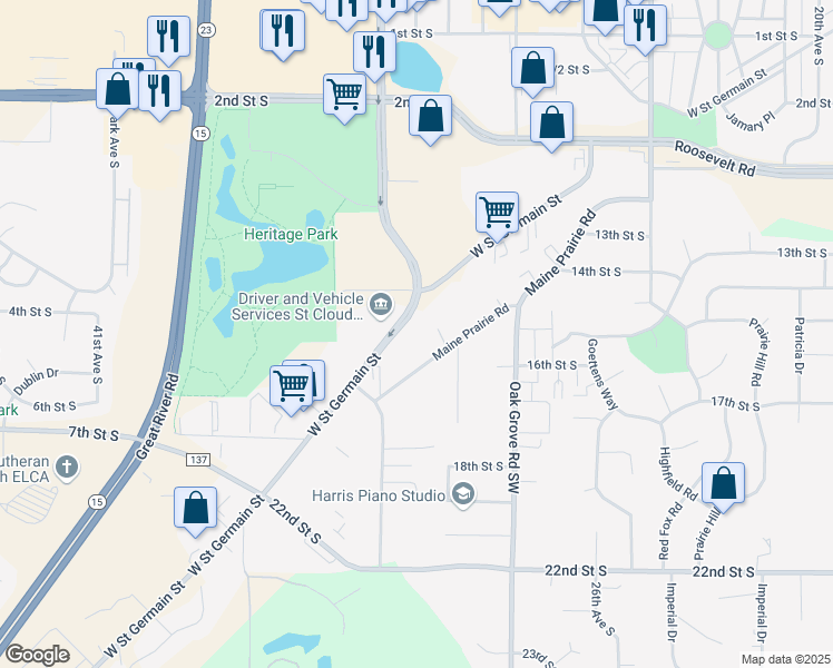 map of restaurants, bars, coffee shops, grocery stores, and more near 3082 West Saint Germain Street in St. Cloud