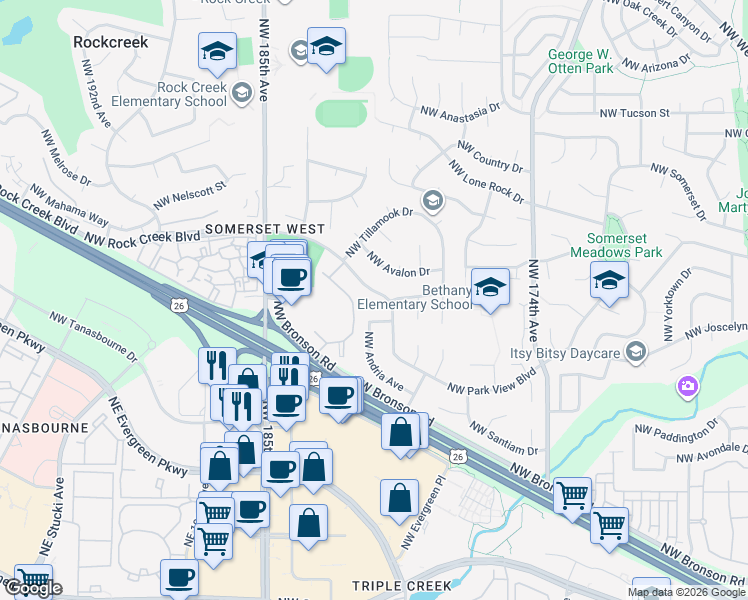 map of restaurants, bars, coffee shops, grocery stores, and more near 17962 Northwest Andria Avenue in Portland