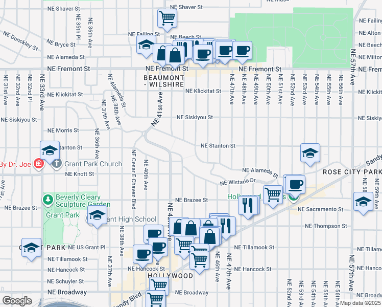 map of restaurants, bars, coffee shops, grocery stores, and more near 4420 Northeast Alameda Street in Portland