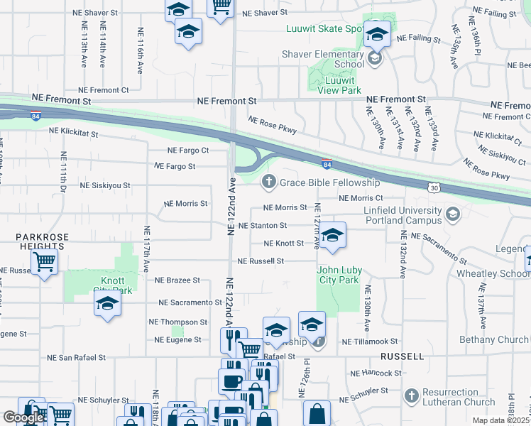 map of restaurants, bars, coffee shops, grocery stores, and more near 12425 Northeast Stanton Street in Portland