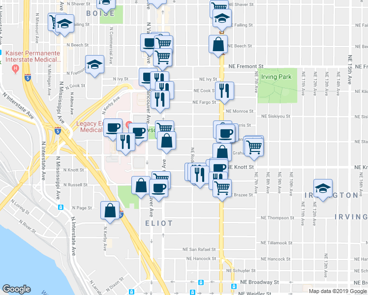 map of restaurants, bars, coffee shops, grocery stores, and more near 43 Northeast Graham Street in Portland