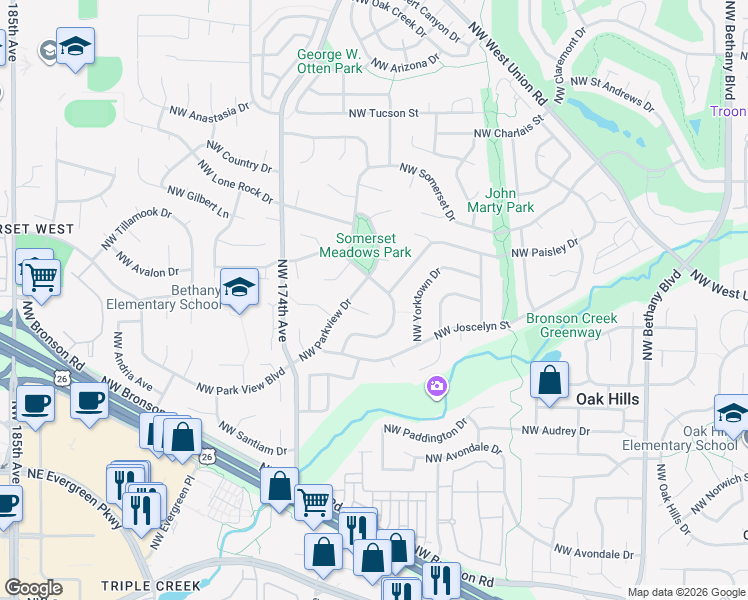 map of restaurants, bars, coffee shops, grocery stores, and more near 3273 Northwest Ashland Drive in Beaverton