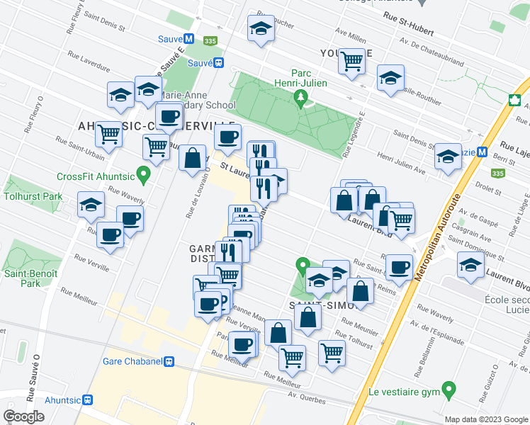 map of restaurants, bars, coffee shops, grocery stores, and more near 70 Rue Chabanel Ouest in Montréal