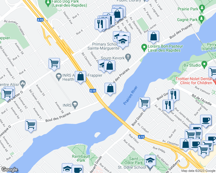 map of restaurants, bars, coffee shops, grocery stores, and more near 455 Boulevard des Prairies in Laval