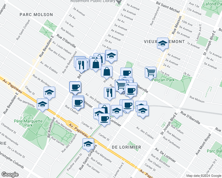 map of restaurants, bars, coffee shops, grocery stores, and more near in Montreal
