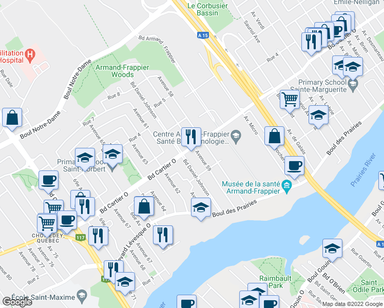 map of restaurants, bars, coffee shops, grocery stores, and more near 610 Boulevard Cartier Ouest in Laval