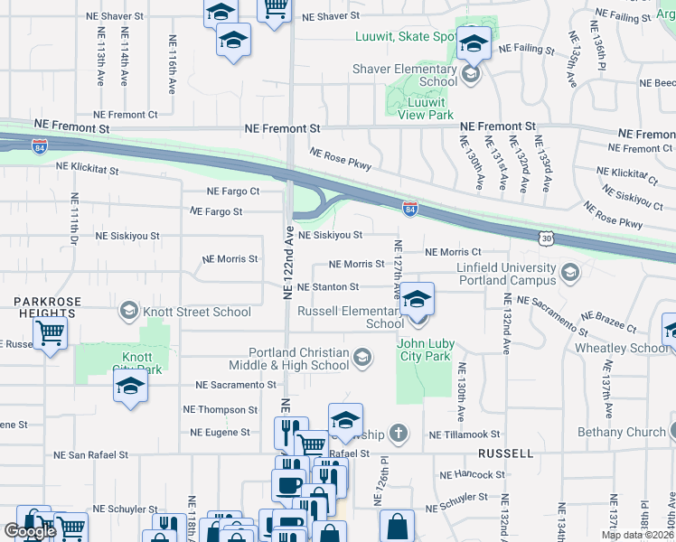 map of restaurants, bars, coffee shops, grocery stores, and more near 12425 Northeast Stanton Street in Portland
