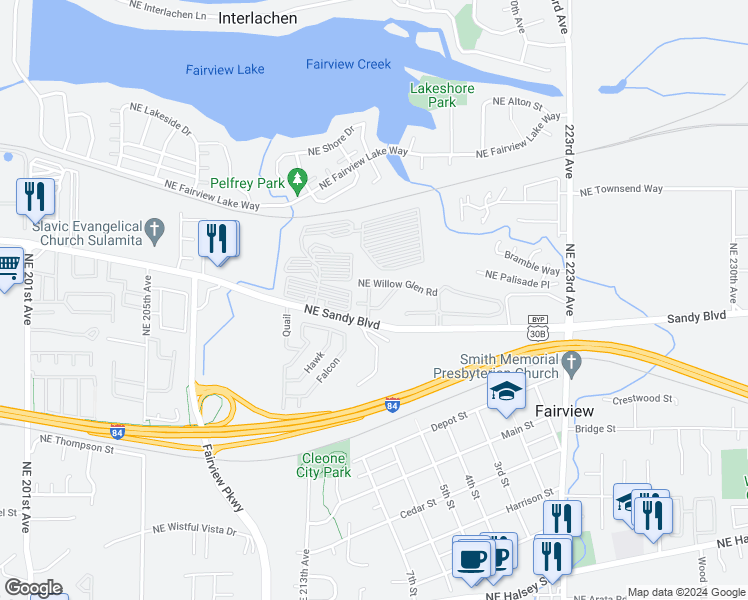 map of restaurants, bars, coffee shops, grocery stores, and more near 2820 Northeast Blossom Hill Road in Fairview