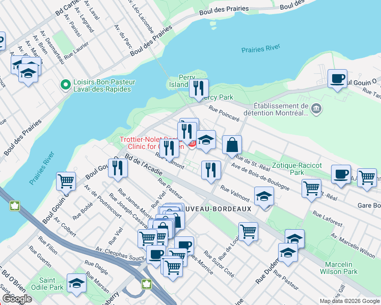 map of restaurants, bars, coffee shops, grocery stores, and more near 1558 Rue Viel in Montrã©Al