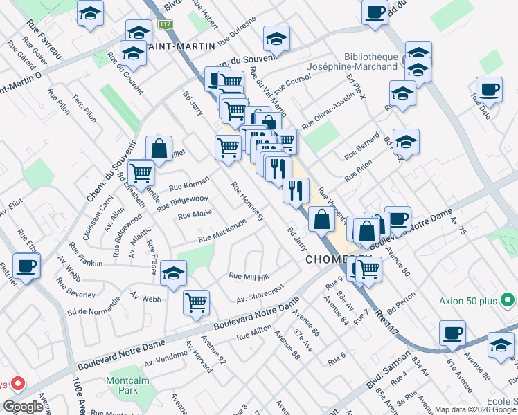 map of restaurants, bars, coffee shops, grocery stores, and more near 3995 Rue Mackenzie in Laval