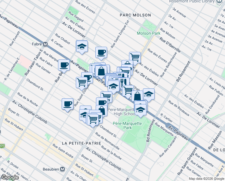 map of restaurants, bars, coffee shops, grocery stores, and more near 6536 Avenue Papineau in Montréal