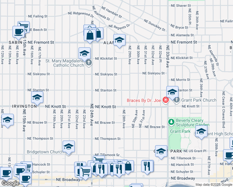map of restaurants, bars, coffee shops, grocery stores, and more near 2834 Northeast 27th Avenue in Portland