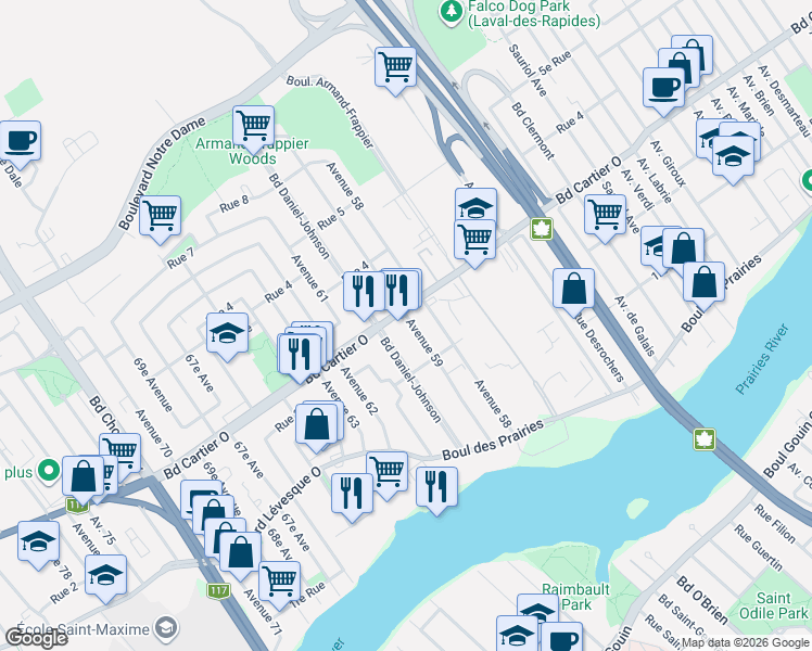 map of restaurants, bars, coffee shops, grocery stores, and more near 580 Boulevard Cartier Ouest in Laval