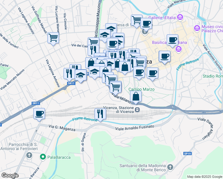map of restaurants, bars, coffee shops, grocery stores, and more near 138 Viale Milano in Vicenza