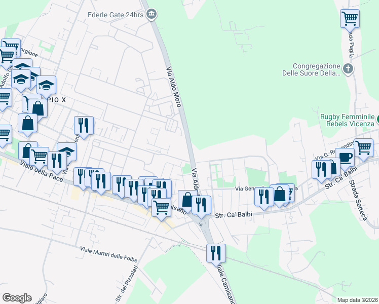 map of restaurants, bars, coffee shops, grocery stores, and more near 11 Via Sebastiano Scaramuzza in Vicenza