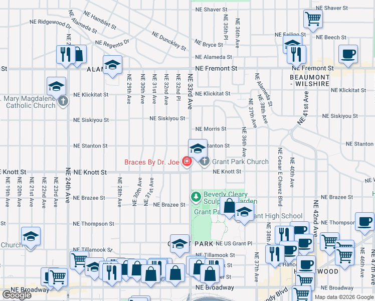 map of restaurants, bars, coffee shops, grocery stores, and more near 2805 Northeast 33rd Avenue in Portland