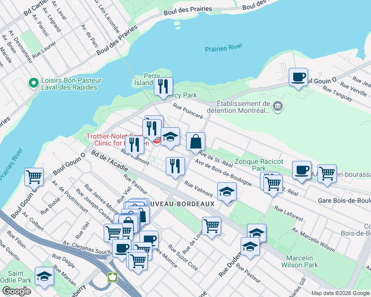 map of restaurants, bars, coffee shops, grocery stores, and more near 12014 Rue de Saint-Réal in Montréal