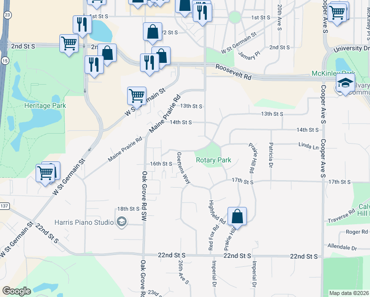map of restaurants, bars, coffee shops, grocery stores, and more near 2609 Goettens Way in Saint Cloud
