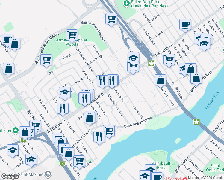 map of restaurants, bars, coffee shops, grocery stores, and more near 580 Boulevard Cartier Ouest in Laval