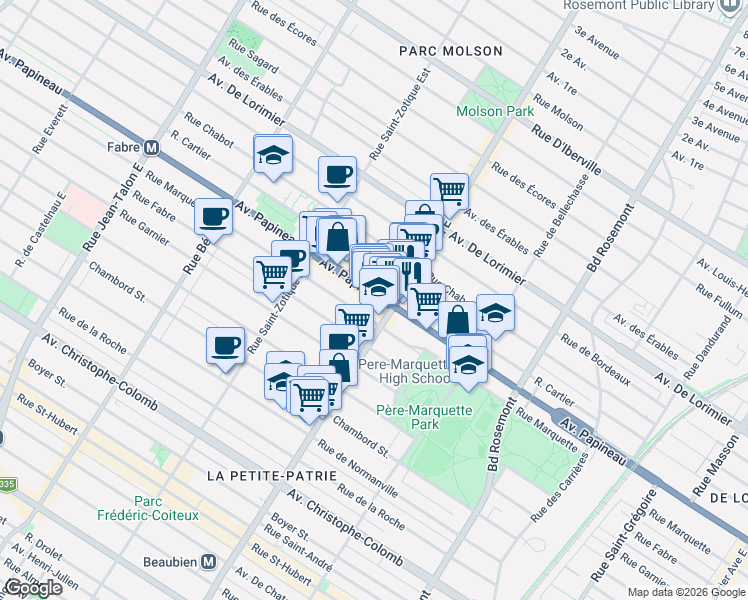 map of restaurants, bars, coffee shops, grocery stores, and more near 6540 Avenue Papineau in Montréal