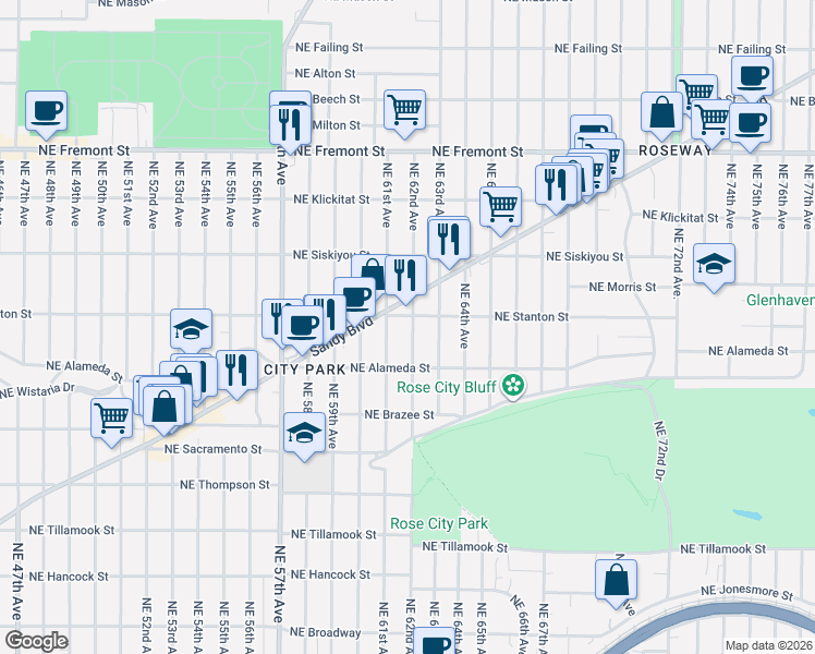 map of restaurants, bars, coffee shops, grocery stores, and more near 2881 Northeast 62nd Avenue in Portland