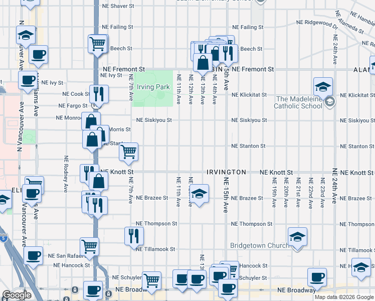 map of restaurants, bars, coffee shops, grocery stores, and more near 2804 Northeast 12th Avenue in Portland