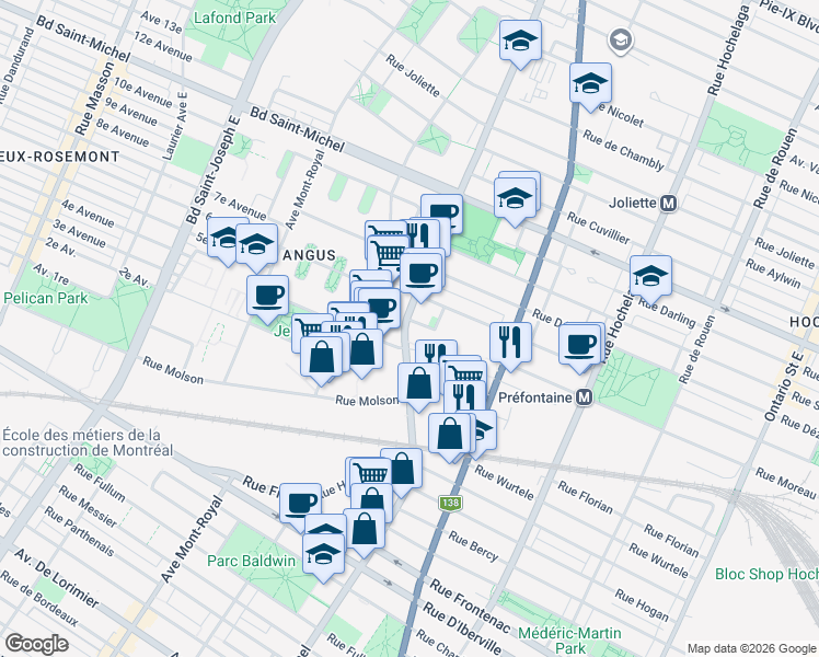 map of restaurants, bars, coffee shops, grocery stores, and more near 3100 Rue Rachel Est in Montrã©Al
