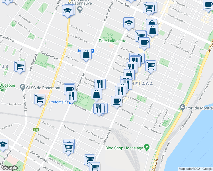 map of restaurants, bars, coffee shops, grocery stores, and more near 2225 Rue Darling in Montréal