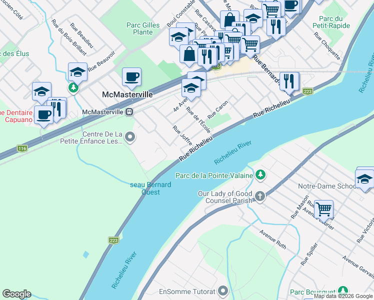 map of restaurants, bars, coffee shops, grocery stores, and more near 419 Chemin du Richelieu in McMasterville