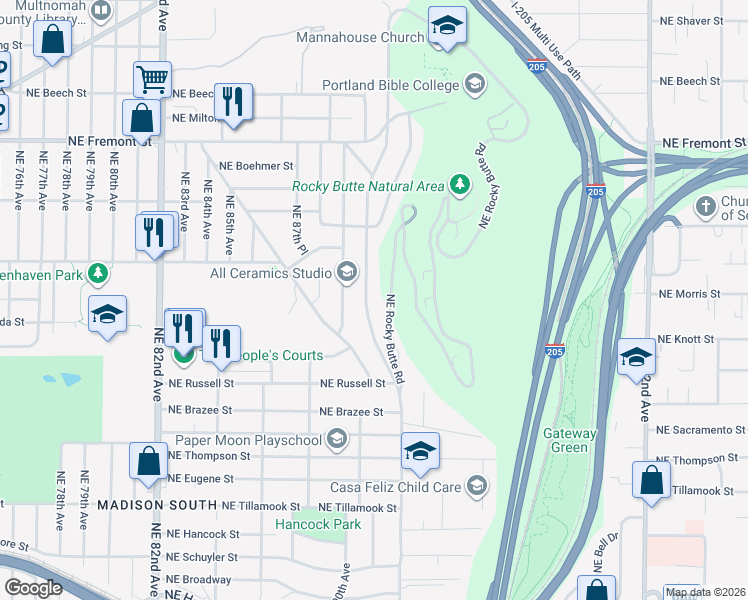 map of restaurants, bars, coffee shops, grocery stores, and more near 2842 Northeast 92nd Avenue in Portland