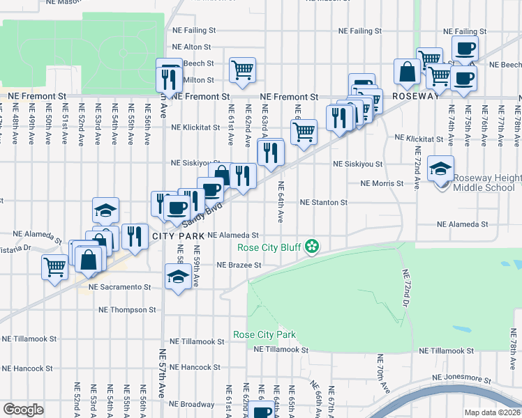 map of restaurants, bars, coffee shops, grocery stores, and more near 2837 Northeast 63rd Avenue in Portland