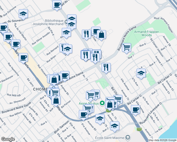 map of restaurants, bars, coffee shops, grocery stores, and more near 3550 Boulevard Notre Dame in Laval