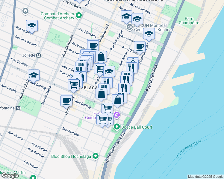map of restaurants, bars, coffee shops, grocery stores, and more near in Montreal