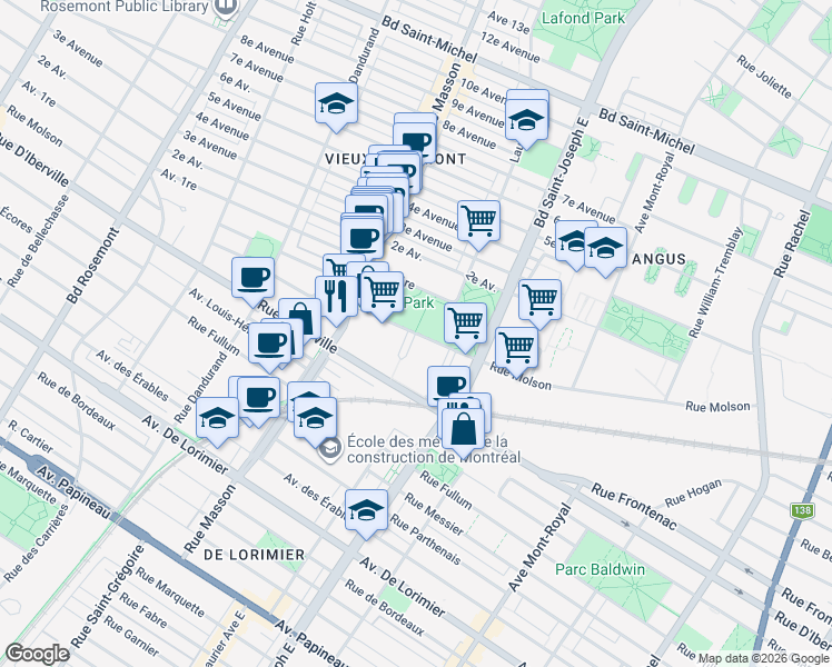 map of restaurants, bars, coffee shops, grocery stores, and more near 2540 Place Pierre-Falardeau in Montréal