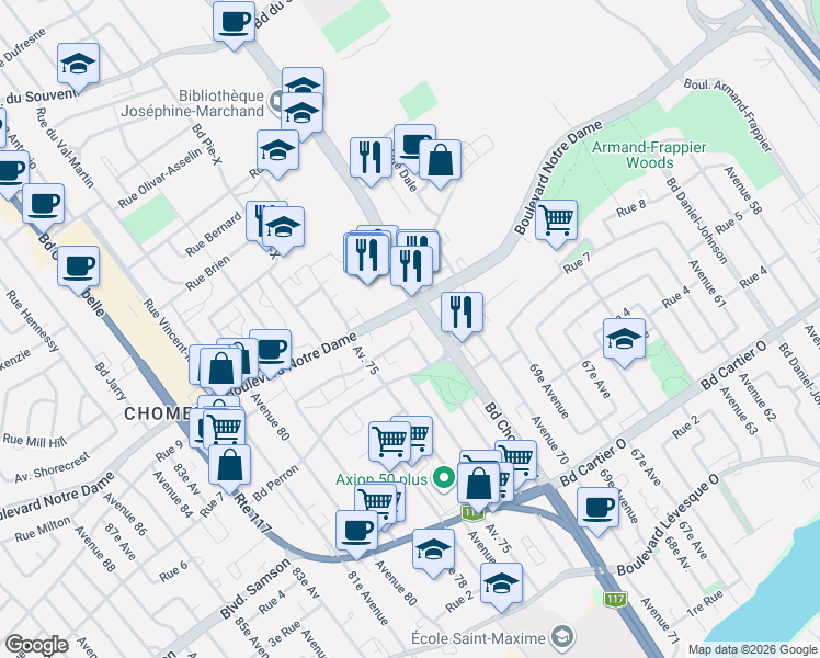 map of restaurants, bars, coffee shops, grocery stores, and more near 3531 Rue Charles-Daoust in Laval