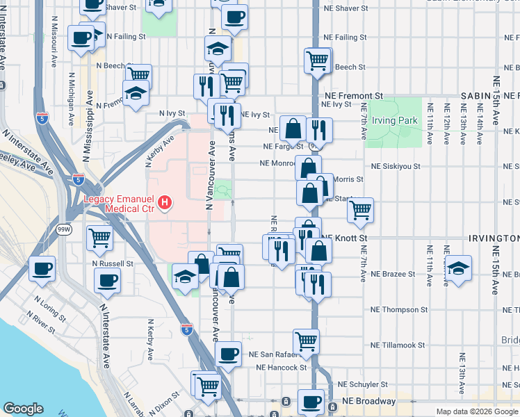 map of restaurants, bars, coffee shops, grocery stores, and more near 43 Northeast Graham Street in Portland