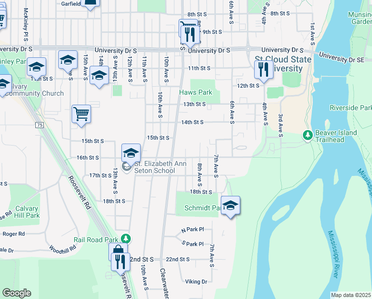 map of restaurants, bars, coffee shops, grocery stores, and more near 1528 9th Avenue South in St. Cloud
