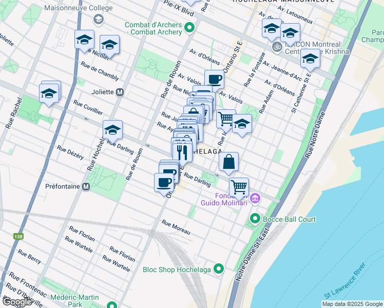 map of restaurants, bars, coffee shops, grocery stores, and more near in Montreal