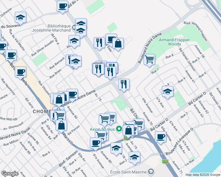 map of restaurants, bars, coffee shops, grocery stores, and more near 3531 Rue Charles-Daoust in Laval
