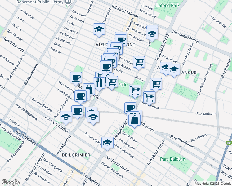 map of restaurants, bars, coffee shops, grocery stores, and more near in Montréal