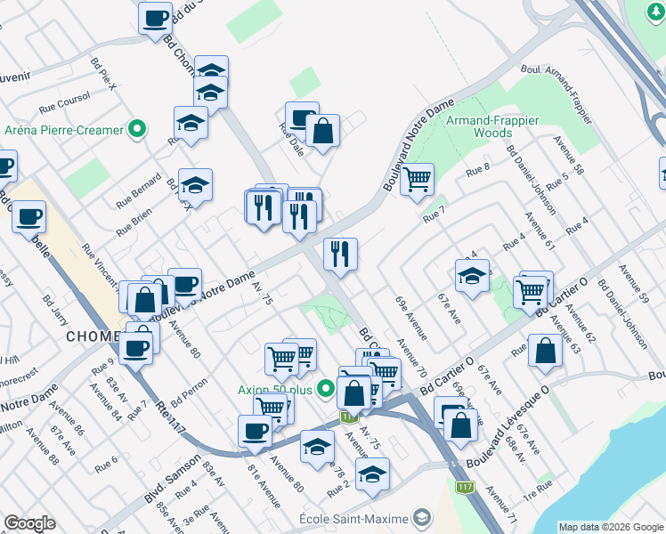 map of restaurants, bars, coffee shops, grocery stores, and more near 645 Place Chomedey in Laval