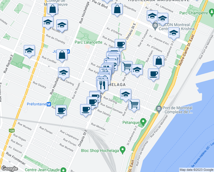 map of restaurants, bars, coffee shops, grocery stores, and more near 3444 Rue Ontario East in Montréal
